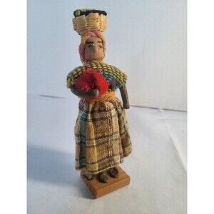 Vintage Ethnic 5" Handmade Folk Art Cloth Doll Guatemala Women With Basket
